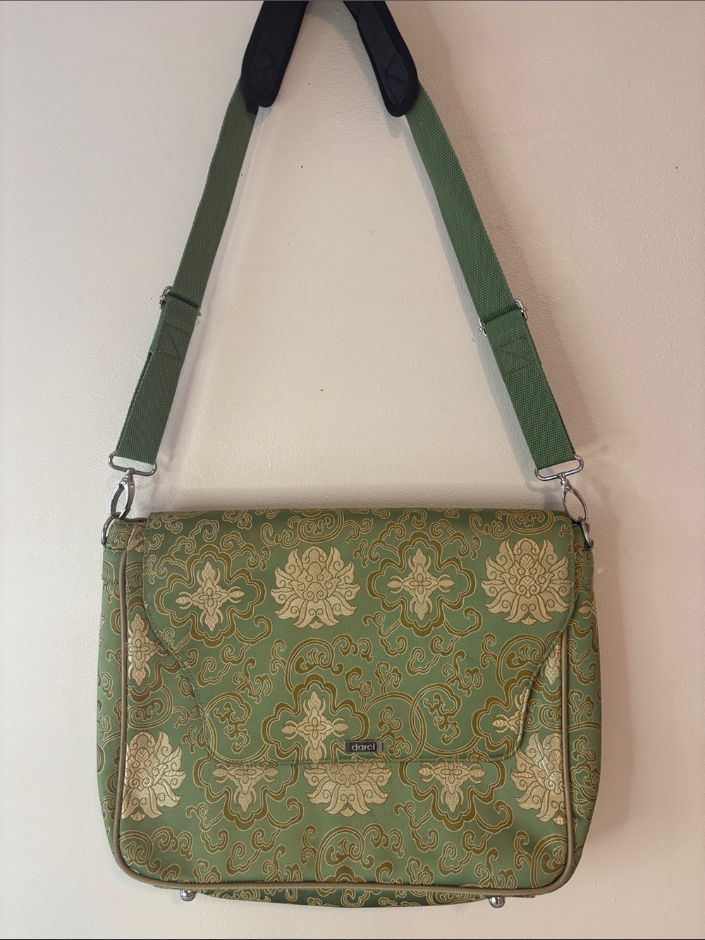Green Patterned Shoulder Bag with Adjustable Strap